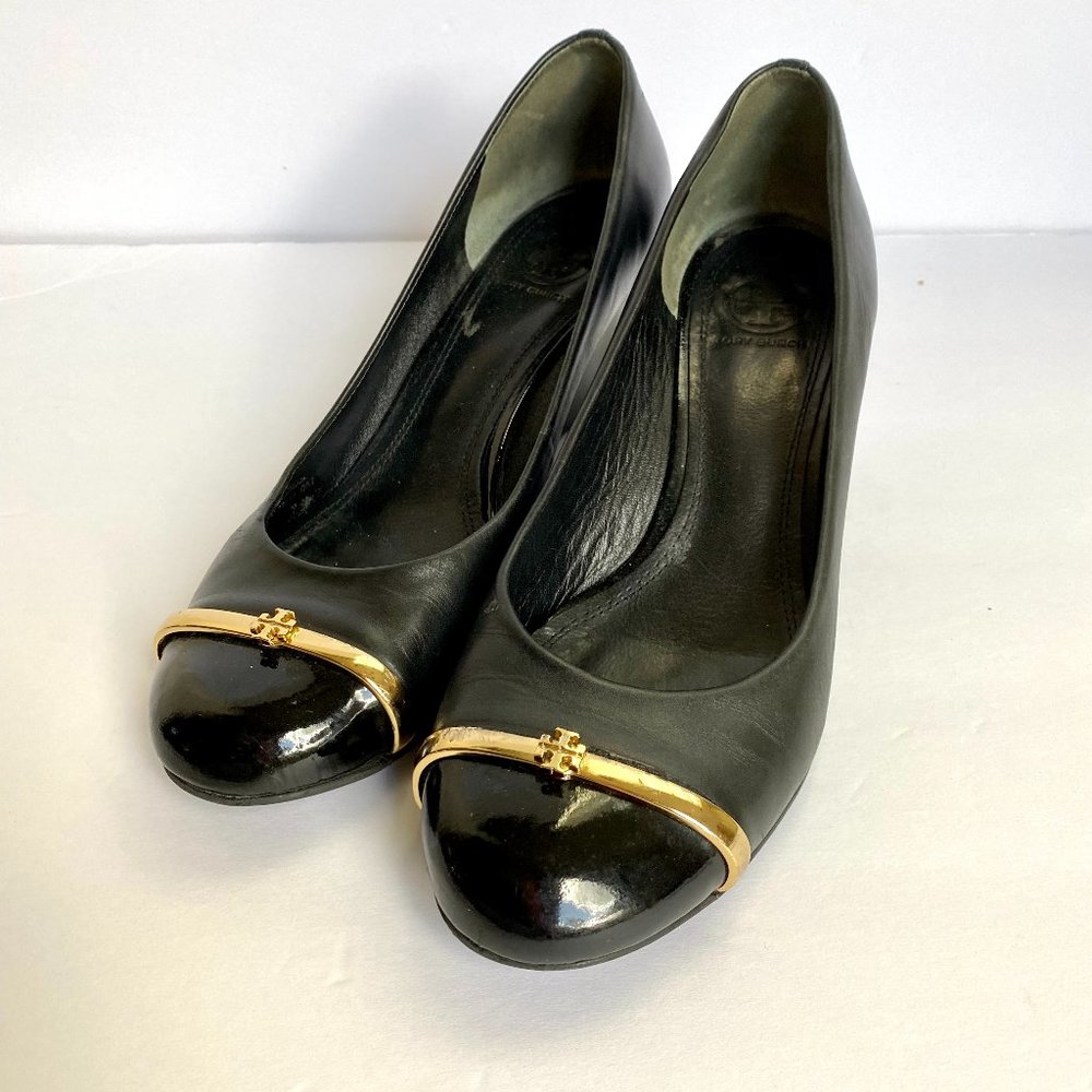 Tory Burch Black Wedges with Gold Trim